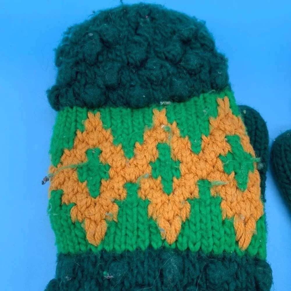 Vintage Green Knit Adult Mittens Gloves Handmade‎ Retro Winter Ski